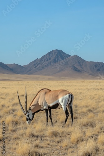 A solitary oryx stands in golden grasslands with a mountain backdrop at sunset