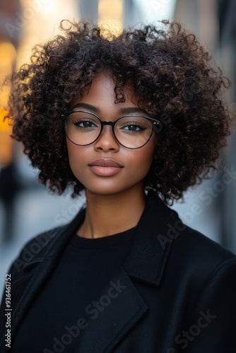 Young woman with curly hair and glasses poses confidently on a city street du...
