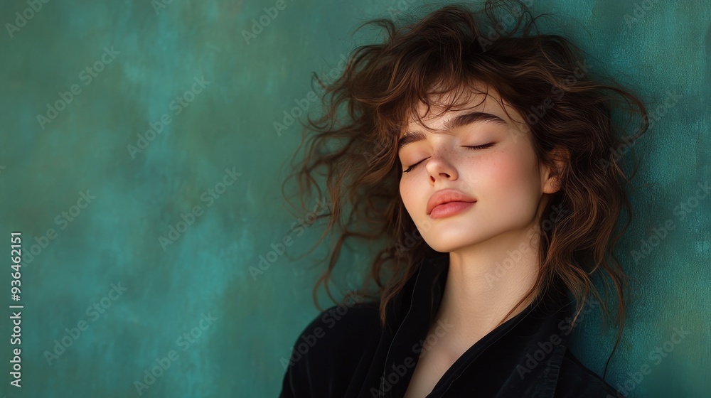 Young woman with curly hair poses gracefully against a green background in natural light Young woman with curly hair poses gracefully against a green background in natural light