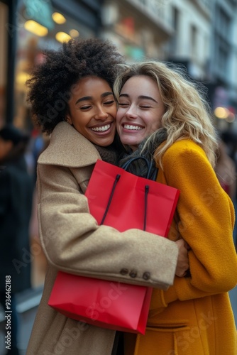 Two friends joyfully embrace while shopping on a busy city street during the ...