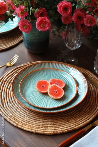 Stylish table setting with colorful plates and floral arrangement for a dinin...