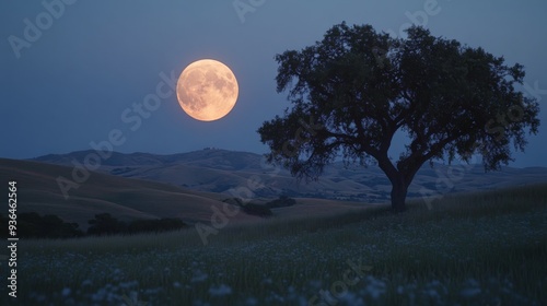 Full moon illuminating a tranquil landscape at dusk in a rural area