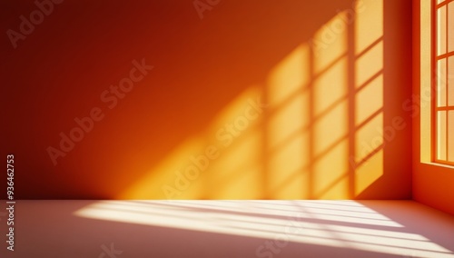 Bright orange wall with shadows and minimalistic step in modern interior