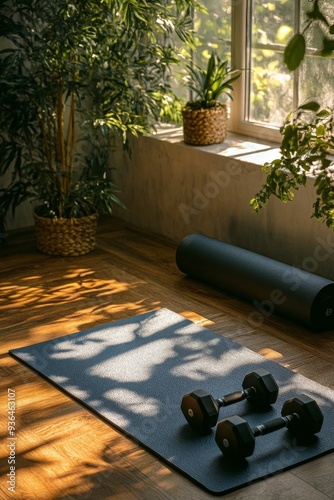 Yoga mats and dumbbells arranged by a sunlit window with indoor plants