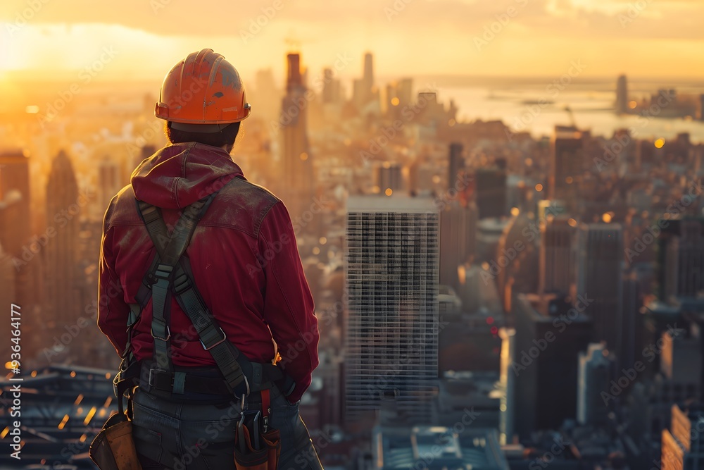 A Construction Worker Overlooking a City Skyline at Sunset A Construction Worker Overlooking a City Skyline at Sunset