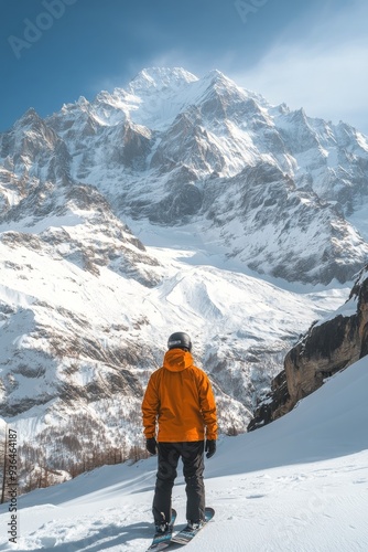 Skier in orange gear overlooking snowy mountains on a bright winter day