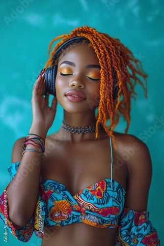 Young woman with orange braids listening to music against a turquoise background
