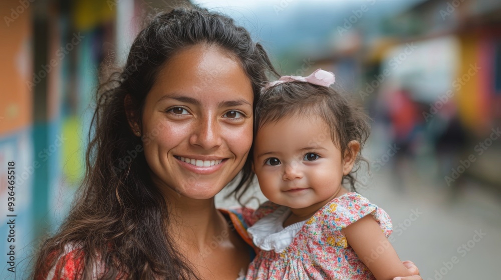 Mother and baby enjoying a sunny day on a city street during golden hour Mother and baby enjoying a sunny day on a city street during golden hour