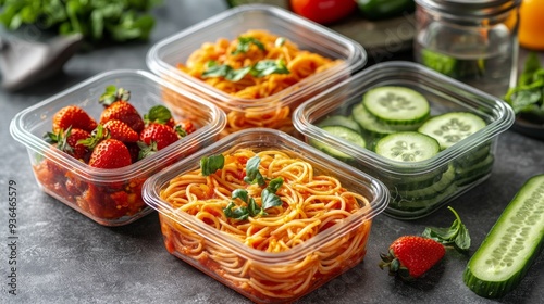 Freshly prepared spaghetti with sauce and ingredients on a kitchen countertop