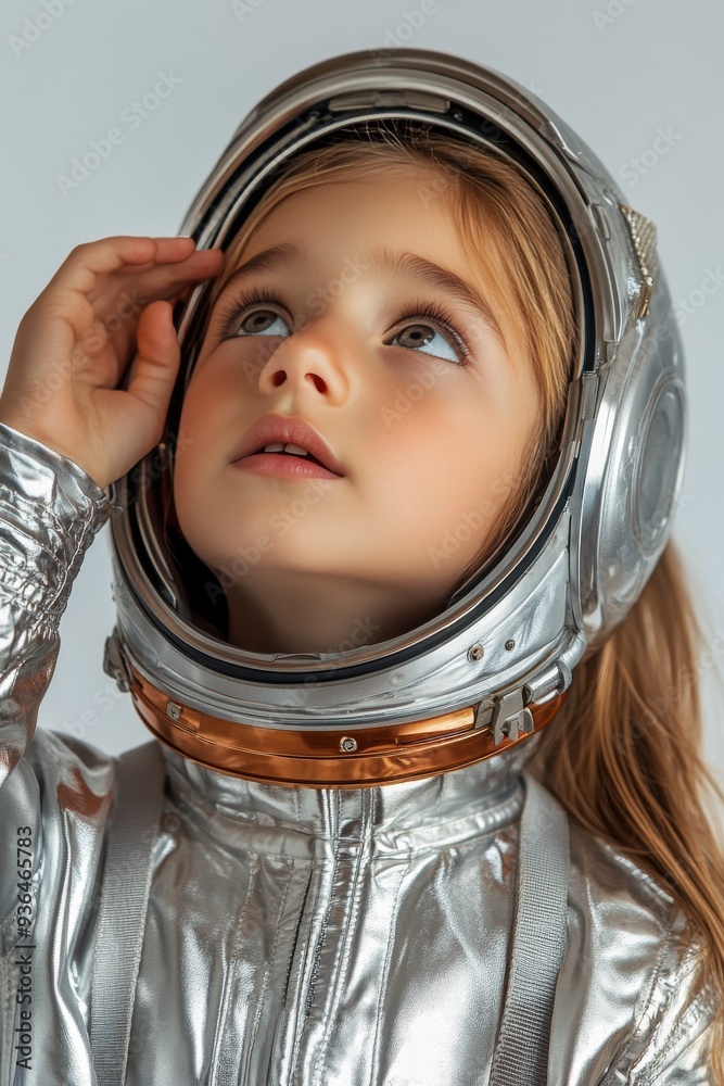 A child dressed as an astronaut holding a reflective helmet indoors A child dressed as an astronaut holding a reflective helmet indoors