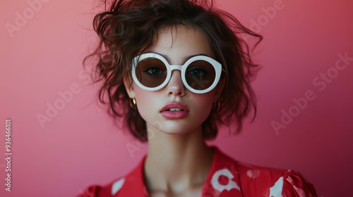Young woman wearing stylish sunglasses and a vibrant orange top against a pin...