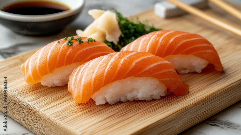 Fresh salmon sushi served on a wooden board with soy sauce and chopsticks Fresh salmon sushi served on a wooden board with soy sauce and chopsticks