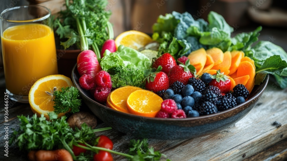 A refreshing salad with mixed fruits, leafy greens, and citrus slices in a black bowl on a wooden table. Ideal for promoting a healthy, vibrant lifestyle and fresh eating habits. A refreshing salad with mixed fruits, leafy greens, and citrus slices in a black bowl on a wooden table. Ideal for promoting a healthy, vibrant lifestyle and fresh eating habits.