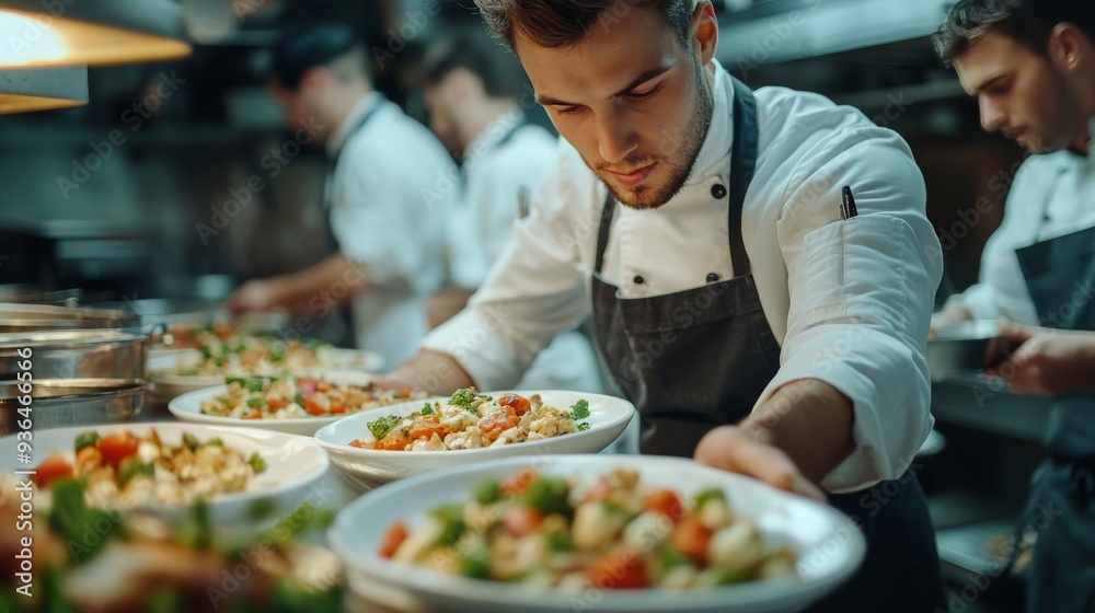 Chef preparing gourmet dishes in a busy restaurant kitchen during dinner service Chef preparing gourmet dishes in a busy restaurant kitchen during dinner service