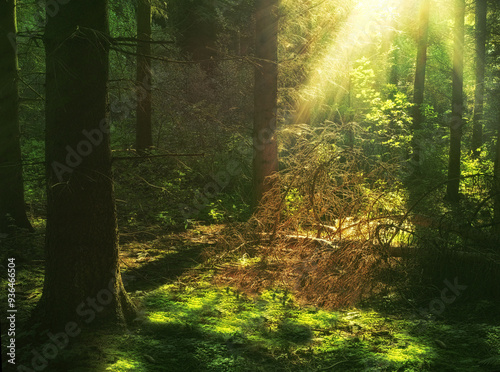 Woods, nature and lush trees on ground with outdoor environment for countryside sustainability. Green moss, landscape and forest floor on calm morning with conservation, ecology and natural sunshine