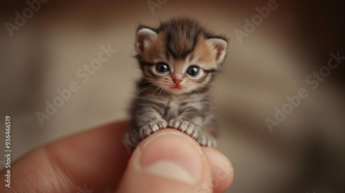 Adorable Tiny Kitten Perched on the Tip of a Human Finger, Captured in a Detailed Close-Up, Highlighting Its Delicate Features and Innocent Expression photo