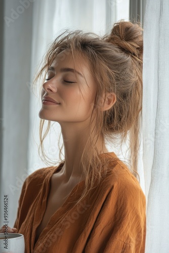 Young woman enjoying a quiet moment by the window with a mug in hand in soft ...