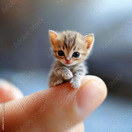 Adorable Tiny Kitten Perched on the Tip of a Human Finger, Captured in a Detailed Close-Up, Highlighting Its Delicate Features and Innocent Expression photo