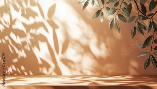 Soft sunlight casting gentle shadows of leaves on a warm beige background