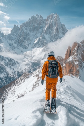 Skier in orange gear overlooking snowy mountains on a bright winter day