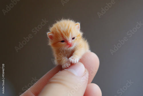 Adorable Tiny Kitten Perched on the Tip of a Human Finger, Captured in a Detailed Close-Up, Highlighting Its Delicate Features and Innocent Expression photo