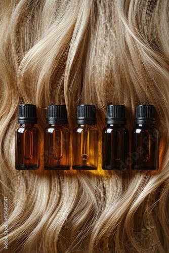 Natural hair care oils arranged creatively with braided hair strands photo