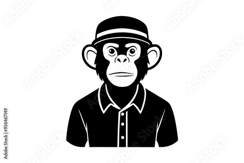 A monkey wearing a shirt and cap on a white background