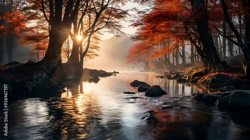 a river with trees and rocks.  photo