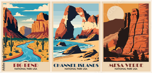 Set of Retro National Parks posters, Vintage USA travel illustrations. Trendy printable wall art with beautiful american landscapes. Vector colorful illustrations. photo