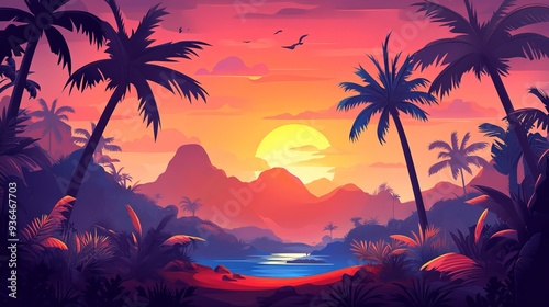 Cartoon-style flat panoramic landscape with a sunset and palm trees against a colorful background. Vector illustration.