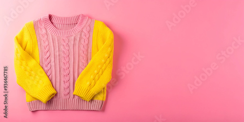 Colorful Pink and Yellow Knitted Sweater on Pink Background photo