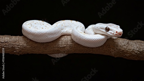 White snake with orange spots resting on a branch in a dark environment