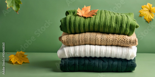 Stack of Folded Sweaters in Fall Colors with Autumn Leaves photo