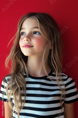 Young girl in striped shirt standing against a bright red wall, smiling warmly