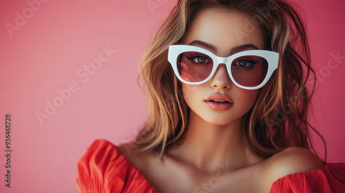 Young woman wearing stylish sunglasses and a vibrant orange top against a pin...