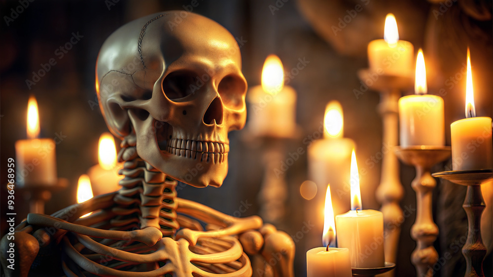 Skeleton Sitting in Candlelit Room with Skulls and Books in Background Skeleton Sitting in Candlelit Room with Skulls and Books in Background