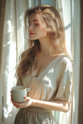 Young woman enjoying a quiet moment by the window with a mug in hand in soft ...