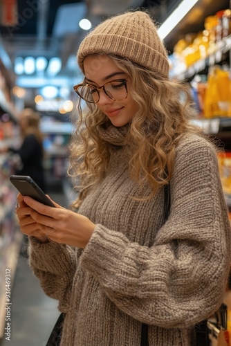 Young woman shopping for groceries in a supermarket while using her smartphone