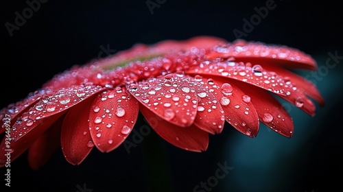   A close-up of a red flower with droplets of water on it and a green stem in the foreground, optimized
