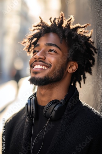 Man enjoying music while leaning against a colorful wall on a sunny day