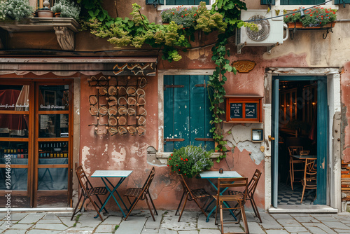 Nice cafe in old italian town, evening light, cute. Generative AI tools photo