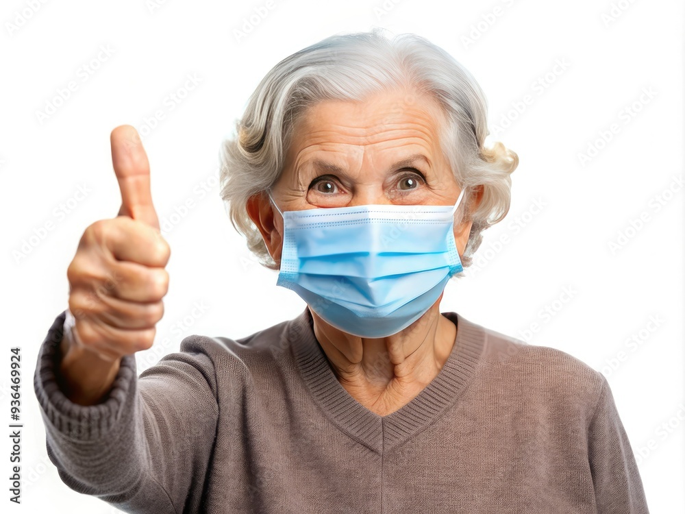 Elderly woman wears a medical face mask and gives a thumbs up, conveying confidence and positivity amidst health concerns, isolated on a white background. Elderly woman wears a medical face mask and gives a thumbs up, conveying confidence and positivity amidst health concerns, isolated on a white background.