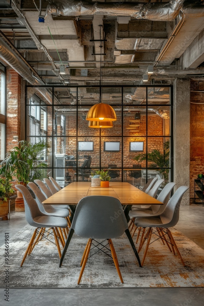Fototapeta premium Modern meeting room with rustic elements in an urban setting during daylight