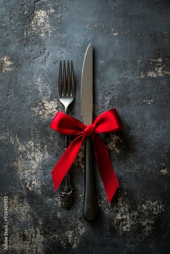 Cutlery with a red ribbon on a textured surface for a special occasion setting