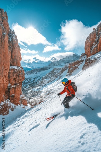 Skier navigating fresh powder in the mountains under a bright blue sky