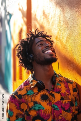 Man enjoying music while leaning against a colorful wall on a sunny day