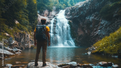 Fototapeta Naklejka Na Ścianę i Meble -  Hiker admiring a serene waterfall in a lush forest during autumn