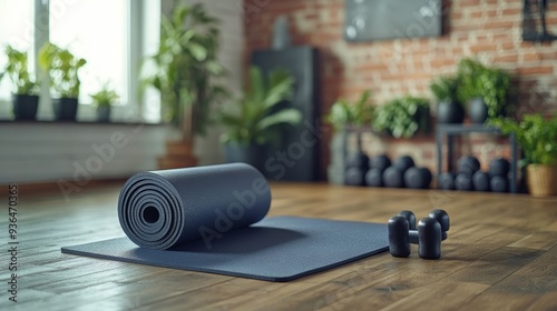 Yoga mat and dumbbells in a stylish home workout space with plants and natura...