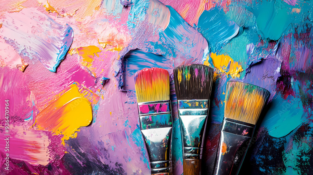 Fototapeta premium Creative Art Supplies with Colorful Paint Palette – Inspiration for Artists