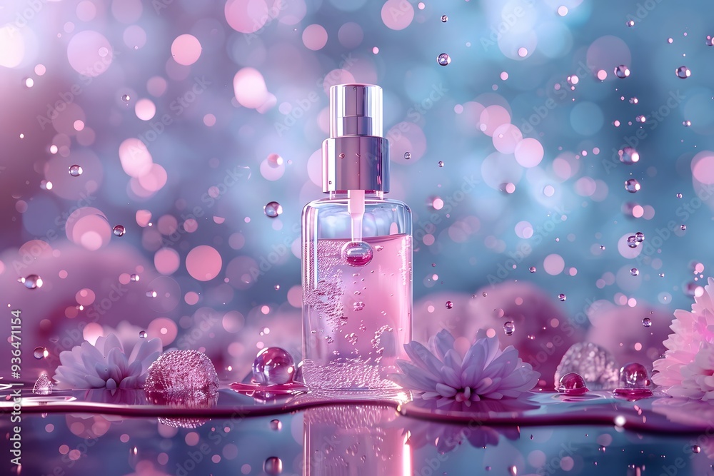 Captivating Perfume Bottle Surrounded by Delicate Flowers and Sparkling Water Droplets Captivating Perfume Bottle Surrounded by Delicate Flowers and Sparkling Water Droplets
